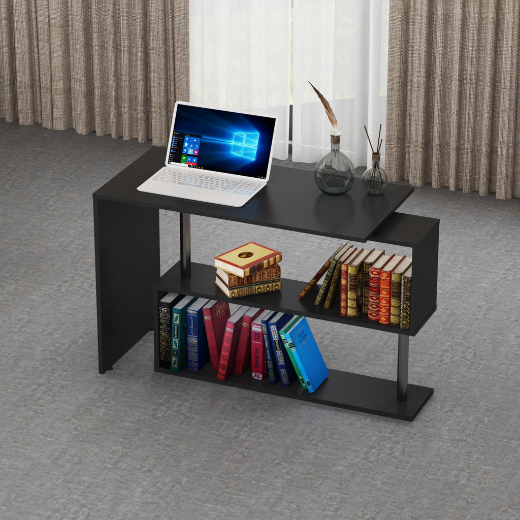 Home Spiral L-shaped Learning Computer Desk 170x74x50cm Black With Storage Shelf