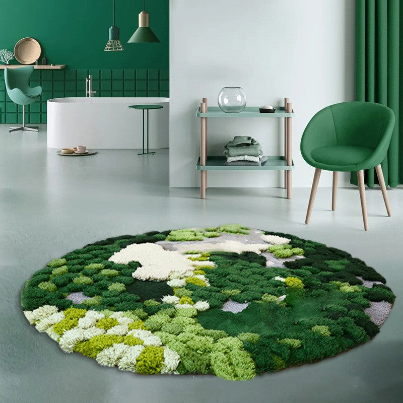 Handmade Custom Blended Wool Carpet Living Room End Table Round Moss Forest